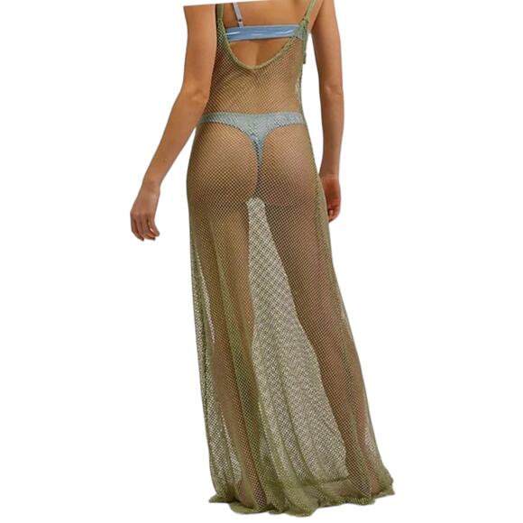 New Free People Sheer Open Weave Slip Maxi Dress Green Rhinestone Boho Beach - Picture 5 of 16